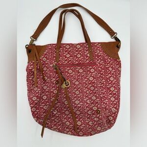 Lucky Brand Large Shoulder Tote Bag Red Floral Design Leather Straps & Accents